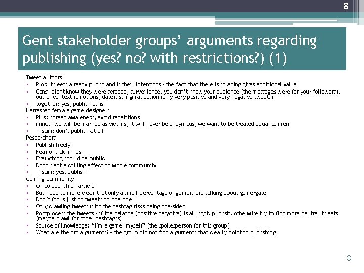 8 Gent stakeholder groups’ arguments regarding publishing (yes? no? with restrictions? ) (1) Tweet