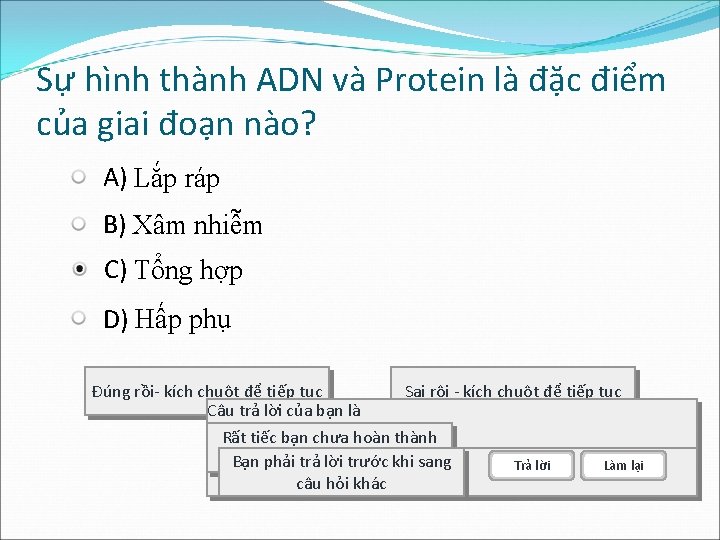 Sự hình thành ADN và Protein là đặc điểm của giai đoạn nào? A)