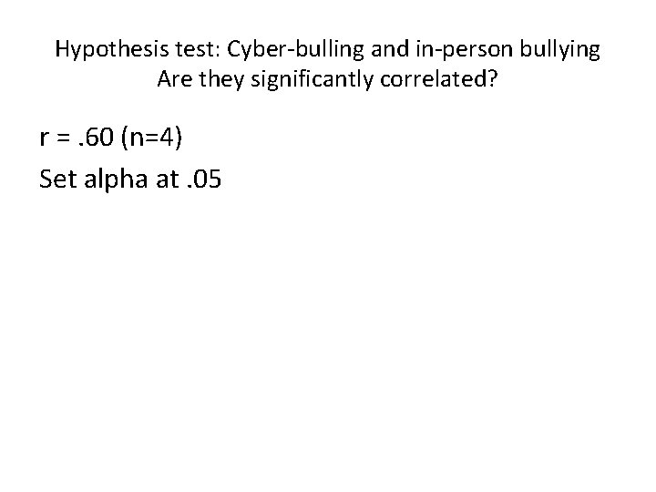 Hypothesis test: Cyber-bulling and in-person bullying Are they significantly correlated? r =. 60 (n=4)