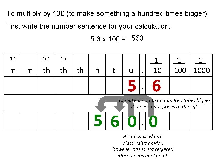 To multiply by 100 (to make something a hundred times bigger). First write the