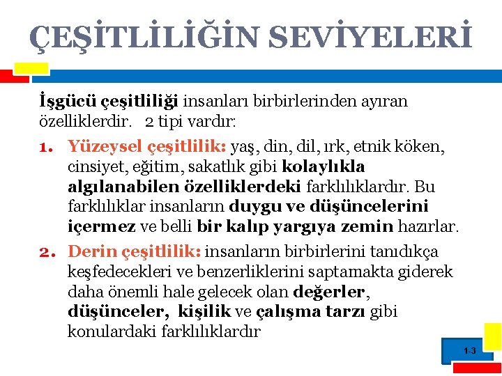 ÇEŞİTLİLİĞİN SEVİYELERİ İşgücü çeşitliliği insanları birbirlerinden ayıran özelliklerdir. 2 tipi vardır: 1. Yüzeysel çeşitlilik: