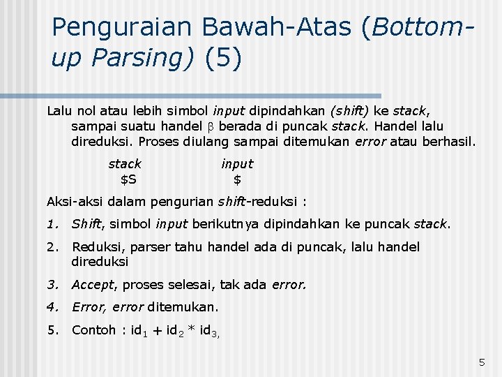 Penguraian Bawah-Atas (Bottomup Parsing) (5) Lalu nol atau lebih simbol input dipindahkan (shift) ke