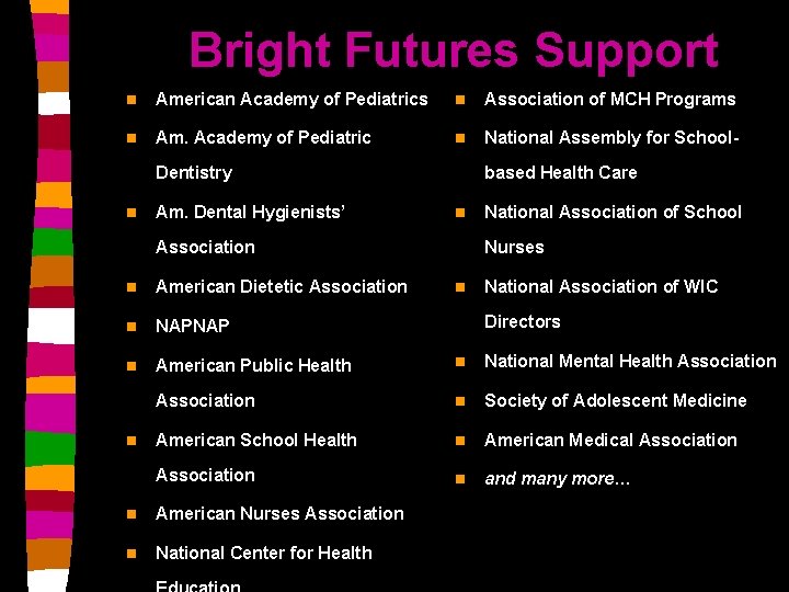 Bright Futures Support n American Academy of Pediatrics n Association of MCH Programs n