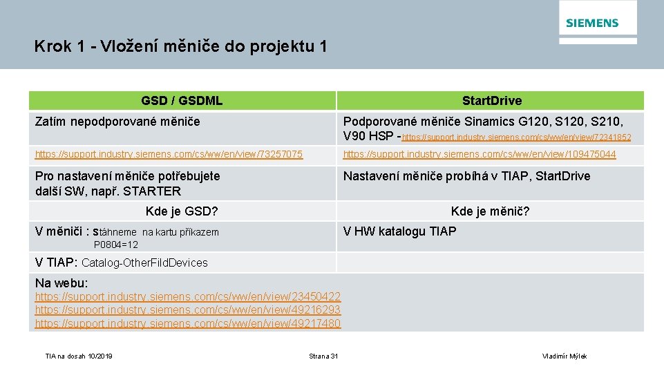 Krok 1 - Vložení měniče do projektu 1 GSD / GSDML Start. Drive Zatím