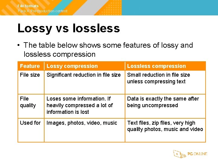 File formats Pack A Pre-production content Lossy vs lossless • The table below shows