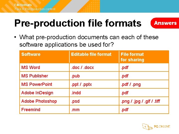 File formats Pack A Pre-production content Pre-production file formats • What pre-production documents can