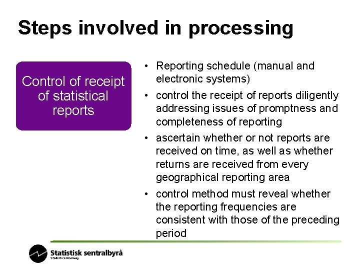 Steps involved in processing Control of receipt of statistical reports • Reporting schedule (manual