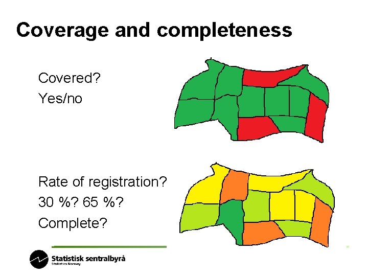 Coverage and completeness Covered? Yes/no Rate of registration? 30 %? 65 %? Complete? 