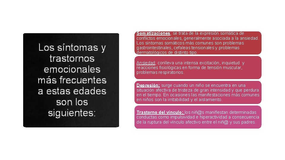 Los síntomas y trastornos emocionales más frecuentes a estas edades son los siguientes: Somatizaciones;