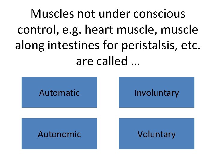 Muscles not under conscious control, e. g. heart muscle, muscle along intestines for peristalsis,
