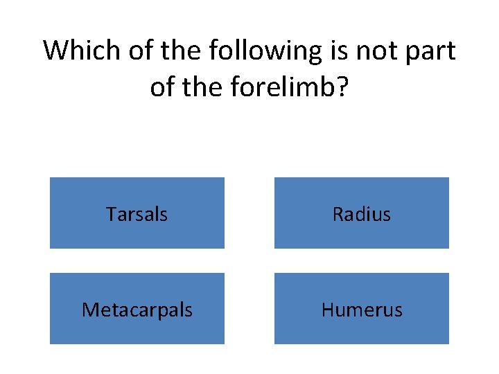 Which of the following is not part of the forelimb? Tarsals Radius Metacarpals Humerus