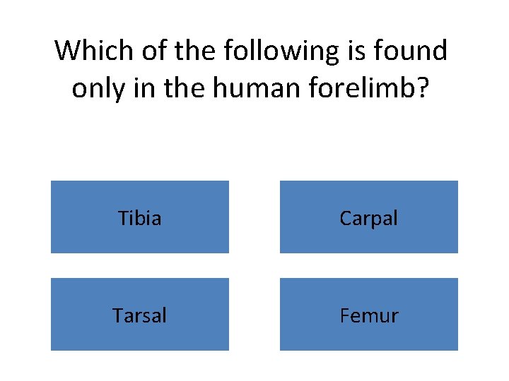 Which of the following is found only in the human forelimb? Tibia Carpal Tarsal