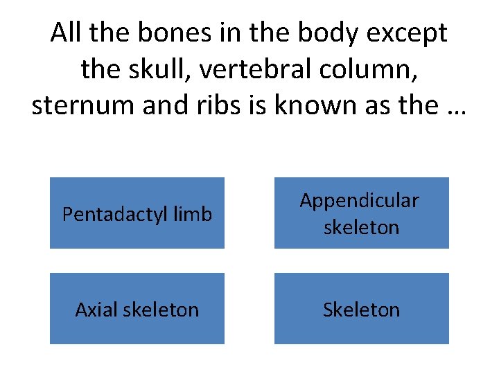 All the bones in the body except the skull, vertebral column, sternum and ribs