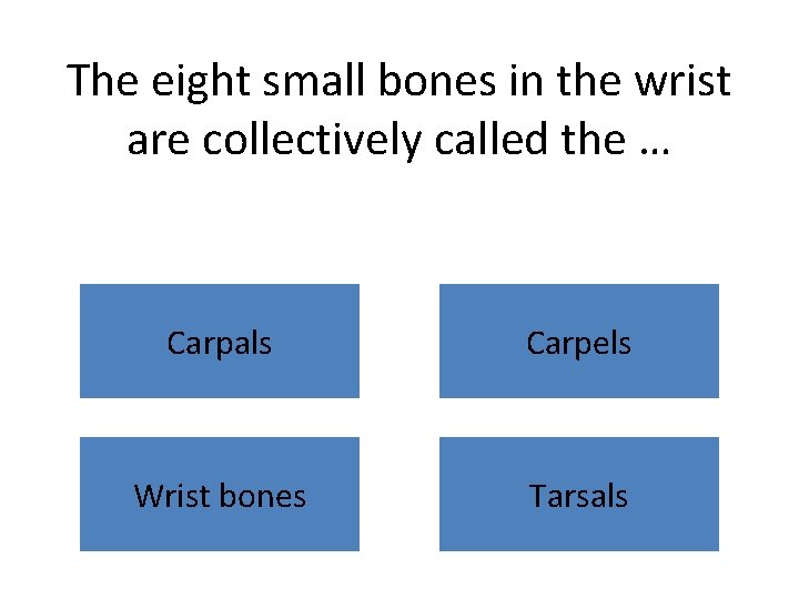 The eight small bones in the wrist are collectively called the … Carpals Carpels
