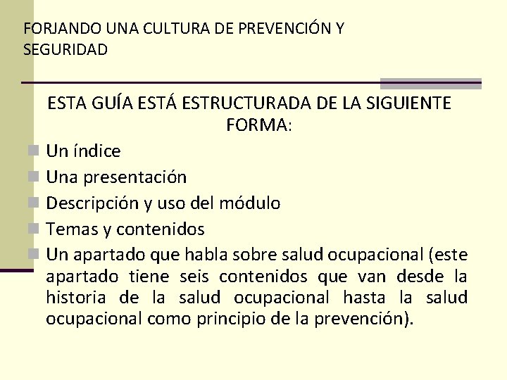 FORJANDO UNA CULTURA DE PREVENCIÓN Y SEGURIDAD ESTA GUÍA ESTÁ ESTRUCTURADA DE LA SIGUIENTE