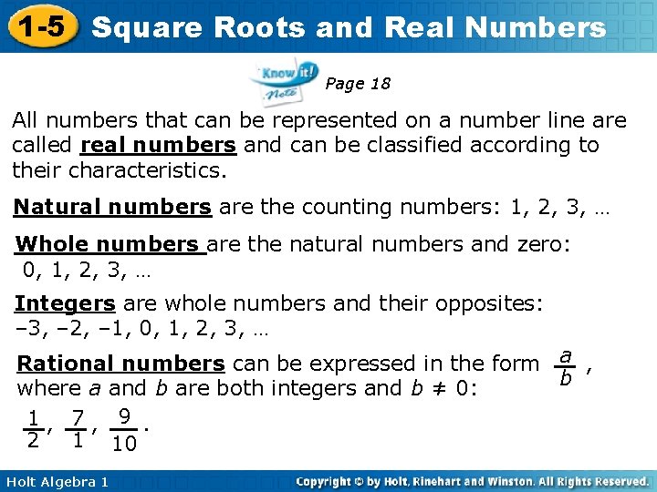 1 -5 Square Roots and Real Numbers Page 18 All numbers that can be