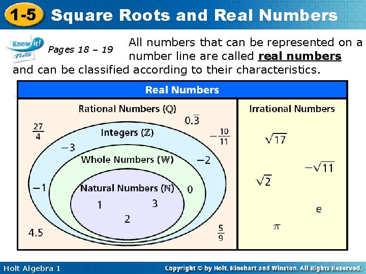 1 -5 Square Roots and Real Numbers All numbers that can be represented on