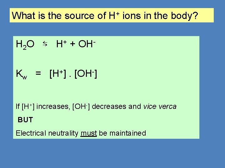 What is the source of H+ ions in the body? H 2 O ⇆