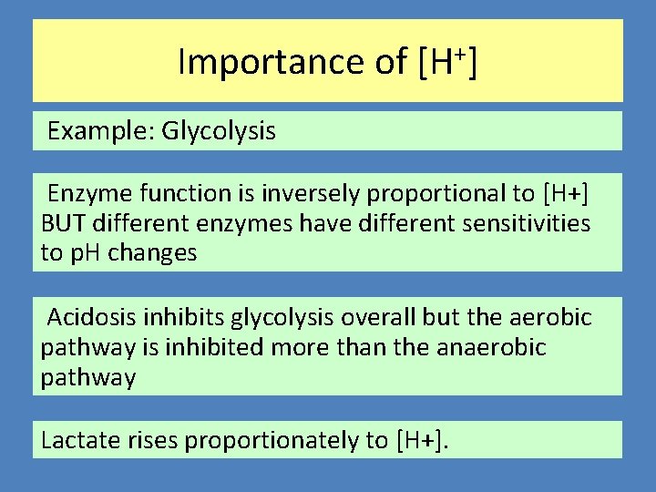 Importance of [H+] Example: Glycolysis Enzyme function is inversely proportional to [H+] BUT different