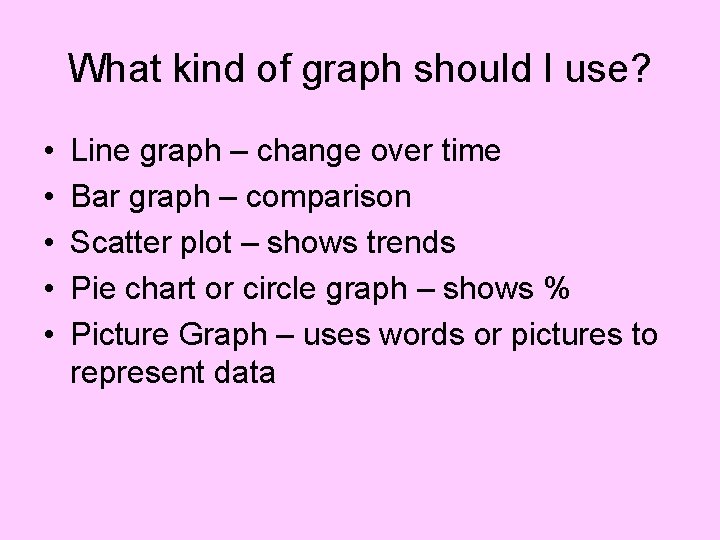 What kind of graph should I use? • • • Line graph – change