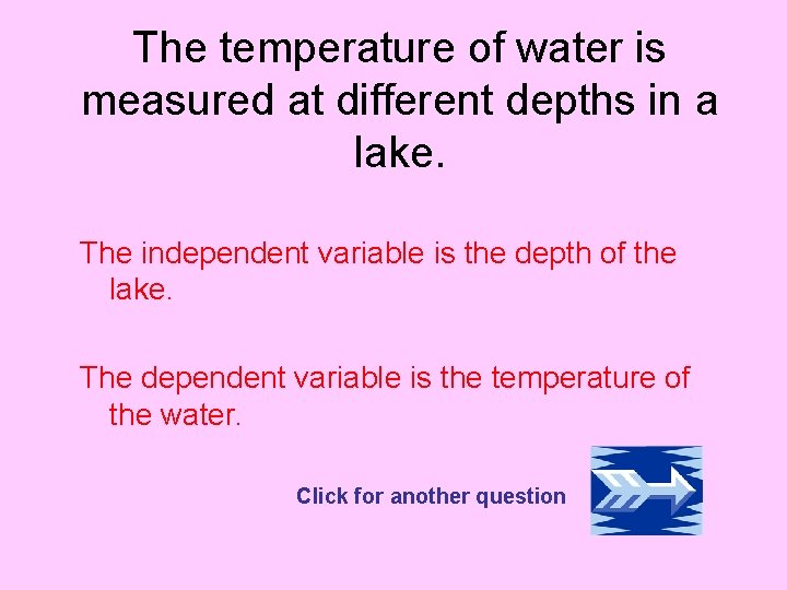 The temperature of water is measured at different depths in a lake. The independent The temperature of water is measured at different depths in a lake. The independent