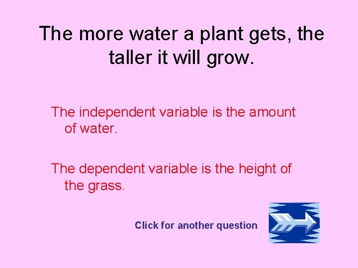 The more water a plant gets, the taller it will grow. The independent variable