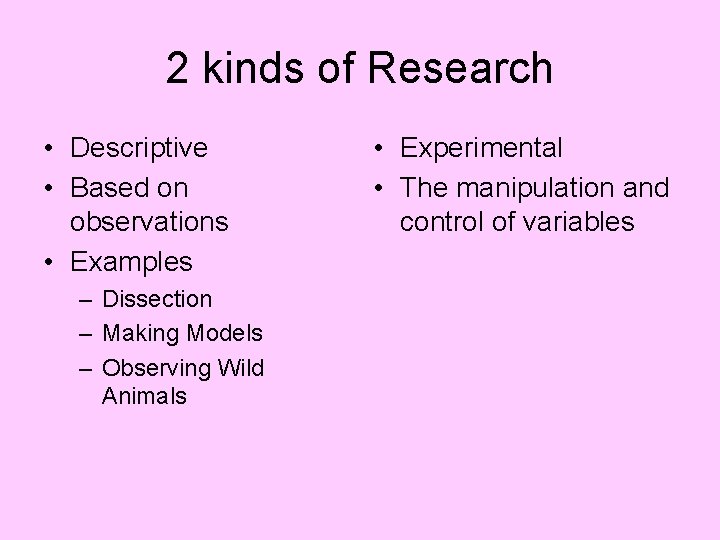 2 kinds of Research • Descriptive • Based on observations • Examples – Dissection