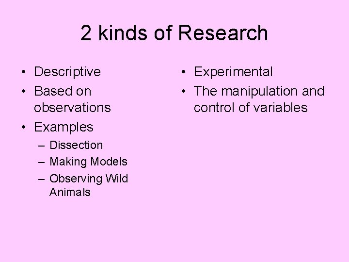 2 kinds of Research • Descriptive • Based on observations • Examples – Dissection 2 kinds of Research • Descriptive • Based on observations • Examples – Dissection