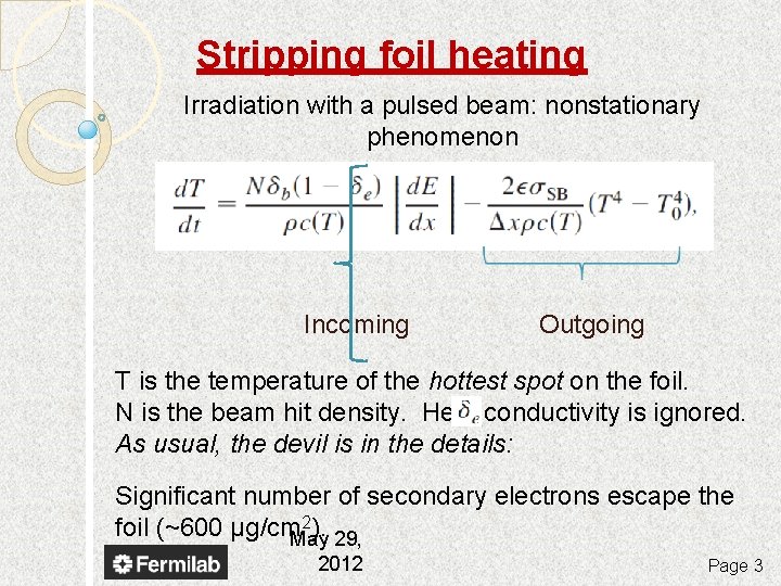 Stripping foil heating Irradiation with a pulsed beam: nonstationary phenomenon Incoming Outgoing T is