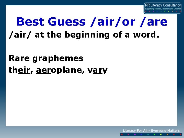 Best Guess /air/or /are /air/ at the beginning of a word. Rare graphemes their,