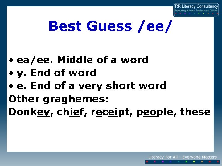 Best Guess /ee/ • ea/ee. Middle of a word • y. End of word