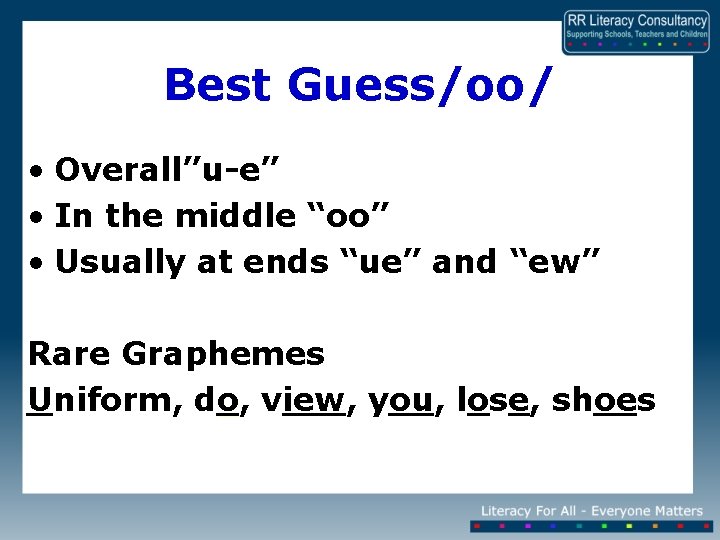 Best Guess/oo/ • Overall”u-e” • In the middle “oo” • Usually at ends “ue”