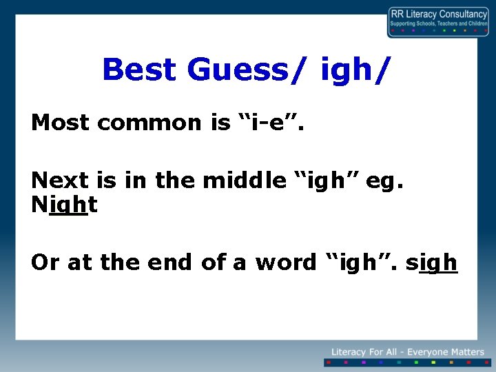 Best Guess/ igh/ Most common is “i-e”. Next is in the middle “igh” eg.