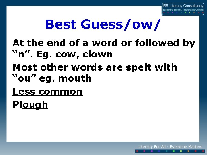 Best Guess/ow/ At the end of a word or followed by “n”. Eg. cow,