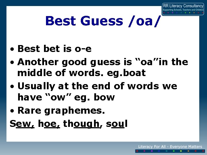 Best Guess /oa/ • Best bet is o-e • Another good guess is “oa”in