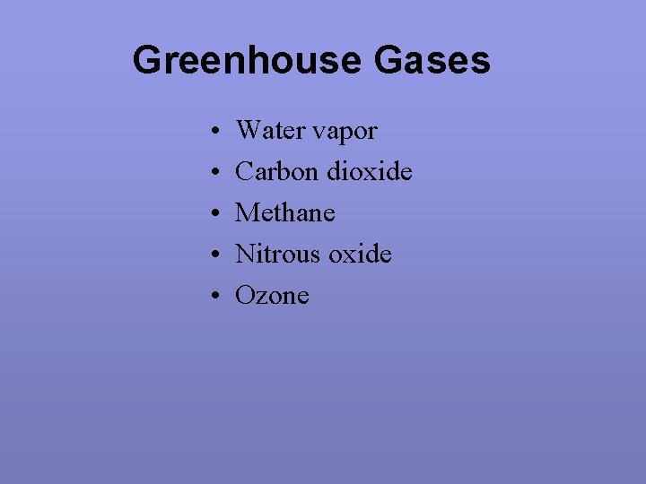 Greenhouse Gases • • • Water vapor Carbon dioxide Methane Nitrous oxide Ozone 