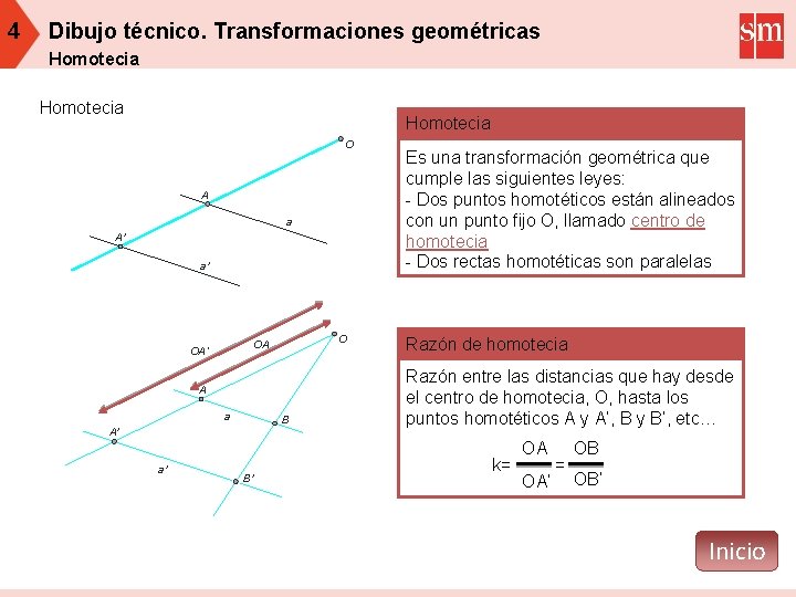 4 Dibujo técnico. Transformaciones geométricas Homotecia RECORDAMS LO APRENDIDO Homotecia O A a A'