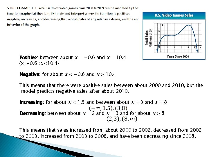 Positive: between about x = − 0. 6 and x = 10. 4 {x|