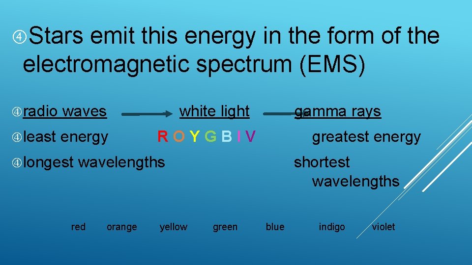  Stars emit this energy in the form of the electromagnetic spectrum (EMS) radio