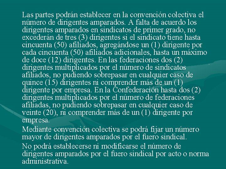 Las partes podrán establecer en la convención colectiva el número de dirigentes amparados. A