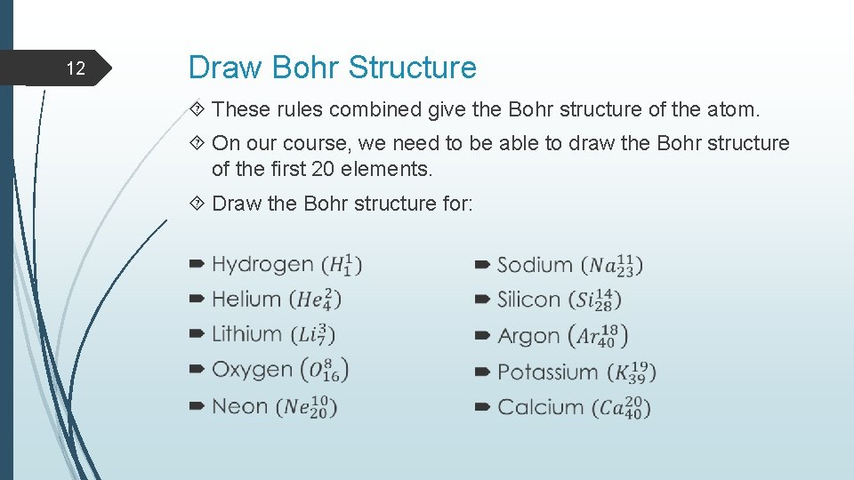 12 Draw Bohr Structure These rules combined give the Bohr structure of the atom.