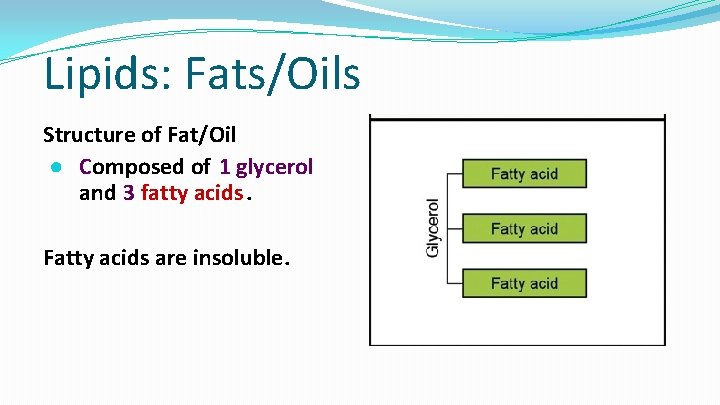 Lipids: Fats/Oils Structure of Fat/Oil ● Composed of 1 glycerol and 3 fatty acids.