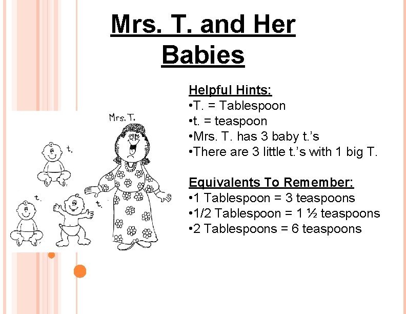 Mrs. T. and Her Babies Helpful Hints: • T. = Tablespoon • t. =