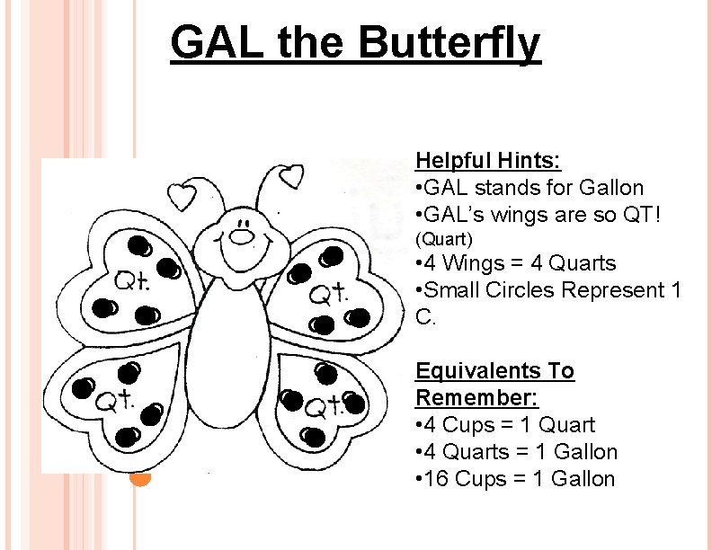 GAL the Butterfly Helpful Hints: • GAL stands for Gallon • GAL’s wings are
