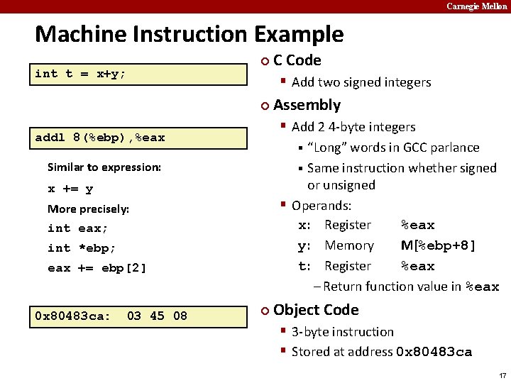 Carnegie Mellon Machine Instruction Example ¢ int t = x+y; § Add two signed