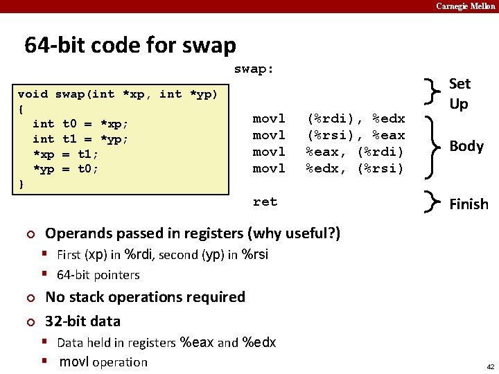 Carnegie Mellon 64 -bit code for swap: void swap(int *xp, int *yp) { int