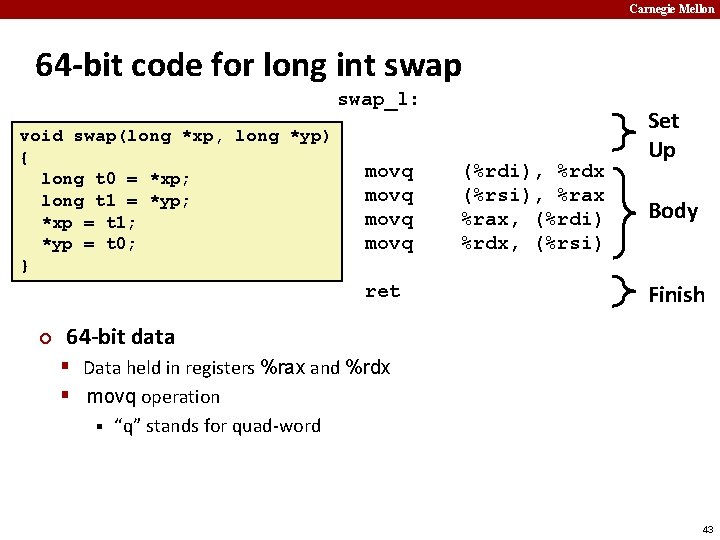 Carnegie Mellon 64 -bit code for long int swap_l: void swap(long *xp, long *yp)