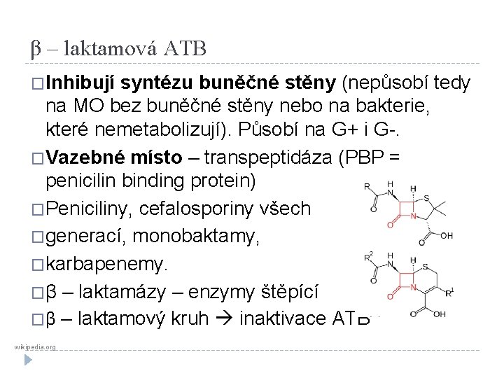 β – laktamová ATB �Inhibují syntézu buněčné stěny (nepůsobí tedy na MO bez buněčné