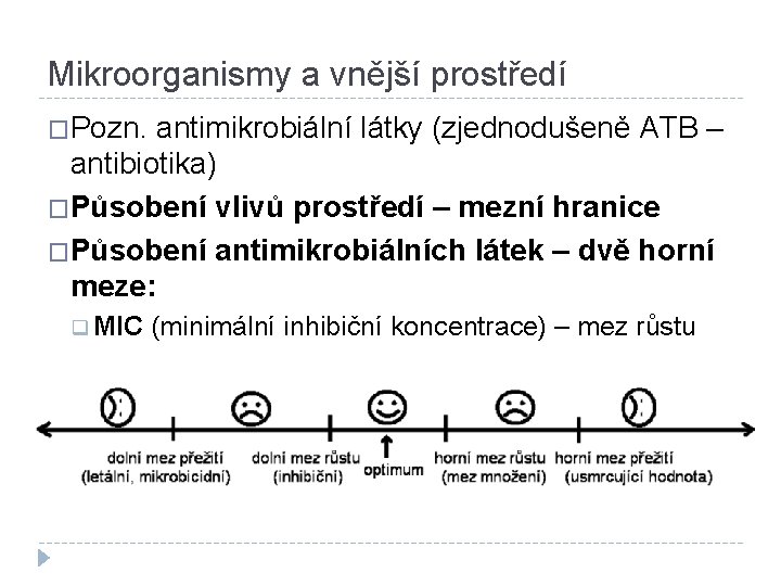 Mikroorganismy a vnější prostředí �Pozn. antimikrobiální látky (zjednodušeně ATB – antibiotika) �Působení vlivů prostředí