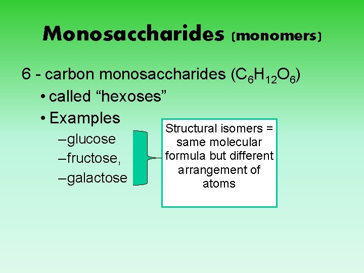 Monosaccharides (monomers) 6 - carbon monosaccharides (C 6 H 12 O 6) • called